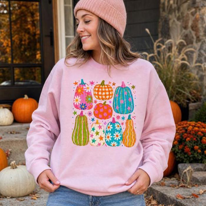 Playful Pumpkins, Bright Fall, Whimsical Autumn, Vibrant Halloween Vibes Sweatshirt