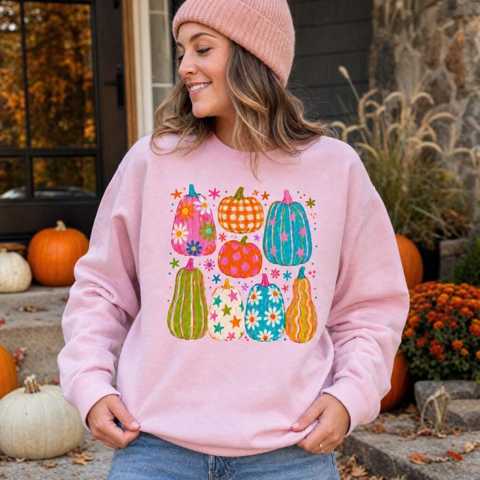 Playful Pumpkins, Bright Fall, Whimsical Autumn, Vibrant Halloween Vibes Sweatshirt
