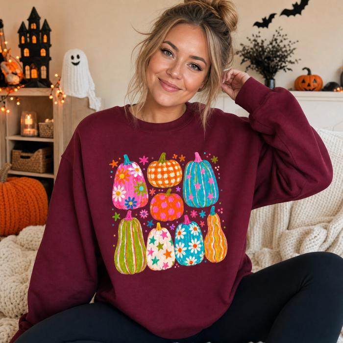 Playful Pumpkins, Bright Fall, Whimsical Autumn, Vibrant Halloween Vibes Sweatshirt