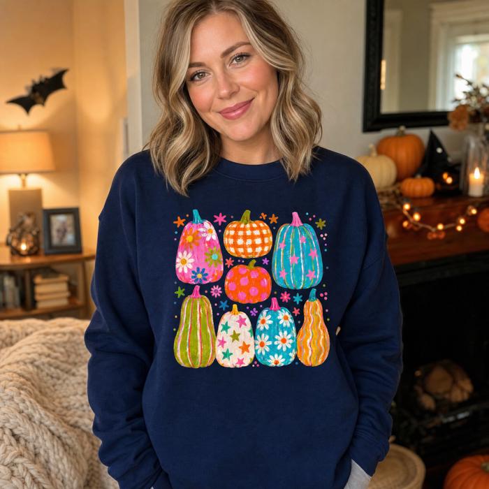 Playful Pumpkins, Bright Fall, Whimsical Autumn, Vibrant Halloween Vibes Sweatshirt