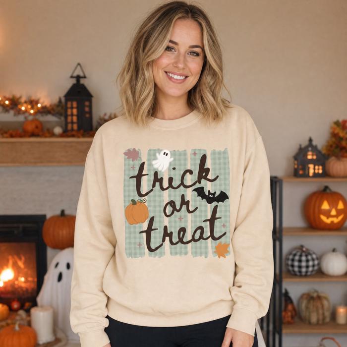 Trick or Treat, Ghost Bat Pumpkin, Spooky Cute, Halloween Fall Vibes Sweatshirt