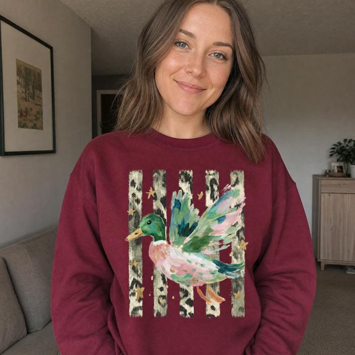 Painted Duck, Leopard Stripes, Faux Gold Stars, Playful Animal Art Sweatshirt