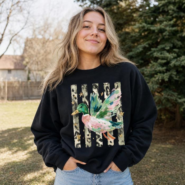 Painted Duck, Leopard Stripes, Faux Gold Stars, Playful Animal Art Sweatshirt