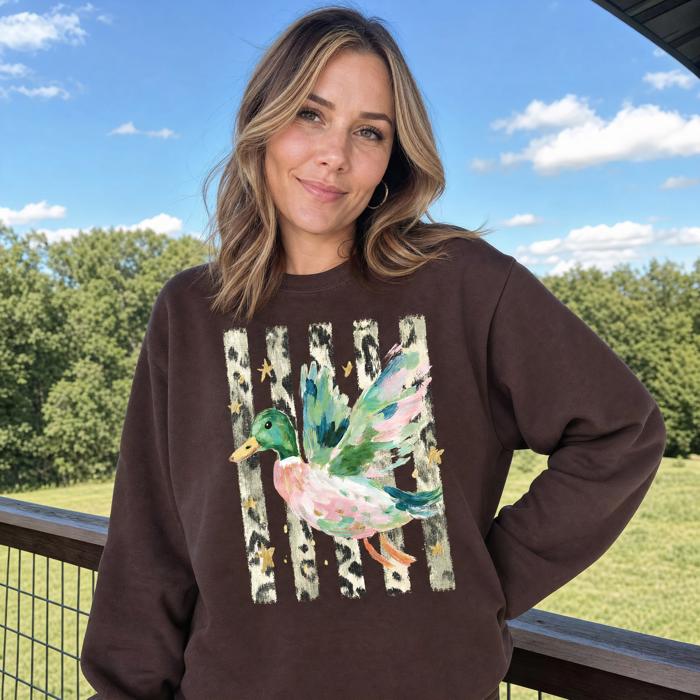 Painted Duck, Leopard Stripes, Faux Gold Stars, Playful Animal Art Sweatshirt