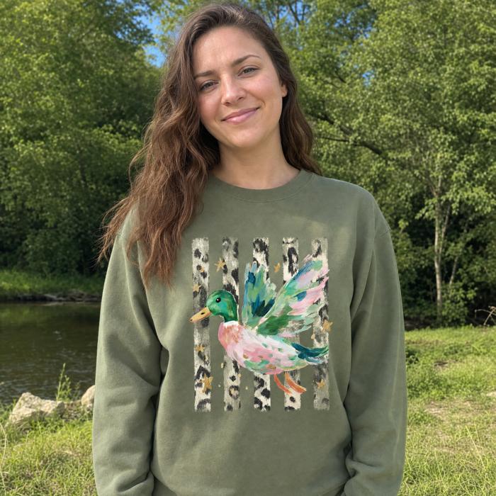 Painted Duck, Leopard Stripes, Faux Gold Stars, Playful Animal Art Sweatshirt