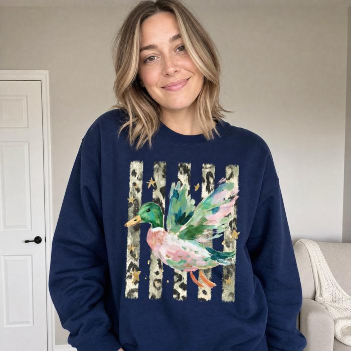 Painted Duck, Leopard Stripes, Faux Gold Stars, Playful Animal Art Sweatshirt
