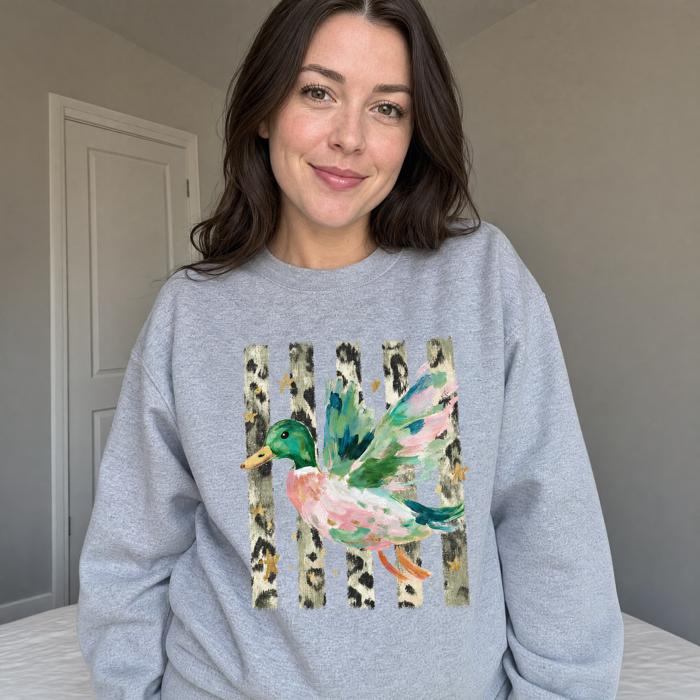 Painted Duck, Leopard Stripes, Faux Gold Stars, Playful Animal Art Sweatshirt