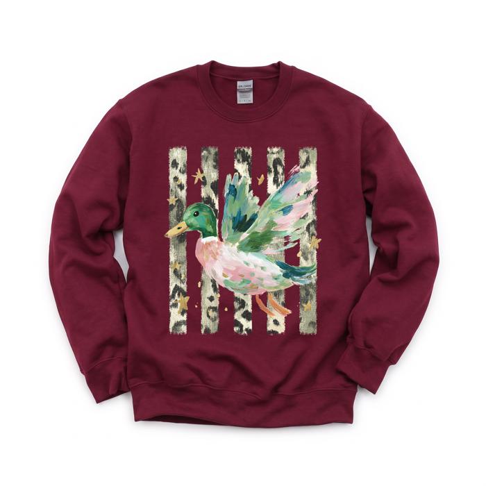 Painted Duck, Leopard Stripes, Faux Gold Stars, Playful Animal Art Sweatshirt