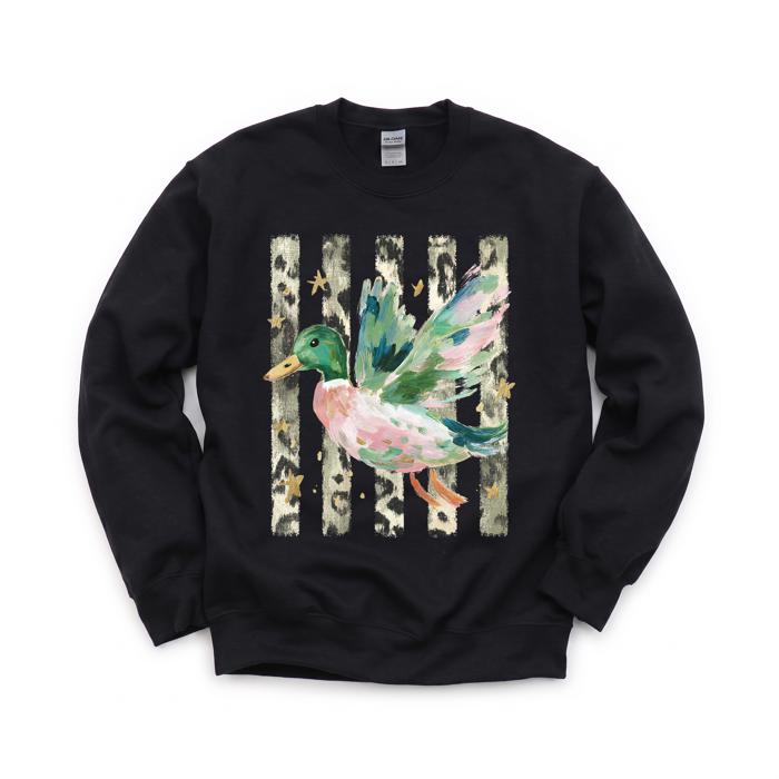 Painted Duck, Leopard Stripes, Faux Gold Stars, Playful Animal Art Sweatshirt