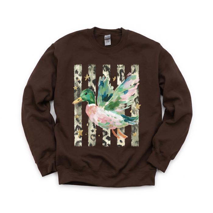 Painted Duck, Leopard Stripes, Faux Gold Stars, Playful Animal Art Sweatshirt