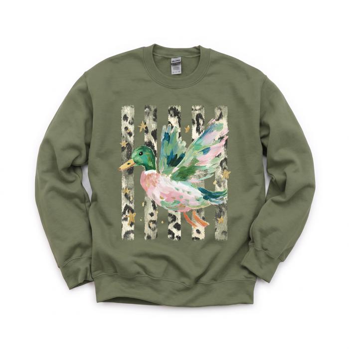 Painted Duck, Leopard Stripes, Faux Gold Stars, Playful Animal Art Sweatshirt