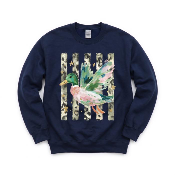 Painted Duck, Leopard Stripes, Faux Gold Stars, Playful Animal Art Sweatshirt