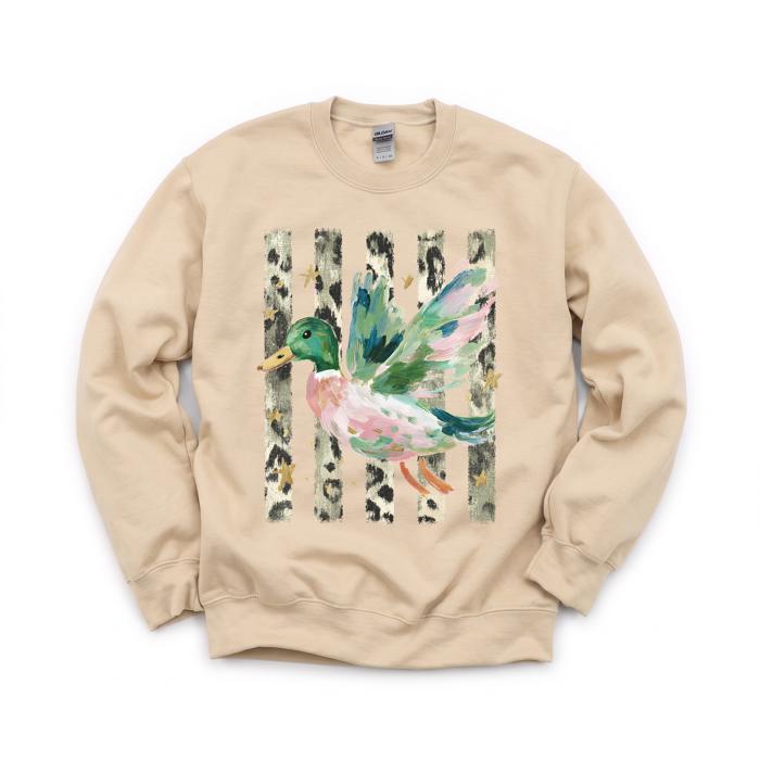 Painted Duck, Leopard Stripes, Faux Gold Stars, Playful Animal Art Sweatshirt