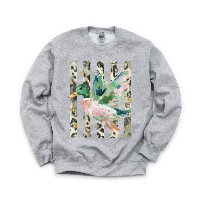 Painted Duck, Leopard Stripes, Faux Gold Stars, Playful Animal Art Sweatshirt