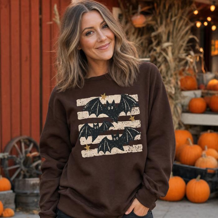 Distressed Bats, Spooky Stars, Halloween Aesthetic, Vintage Grunge Sweatshirt