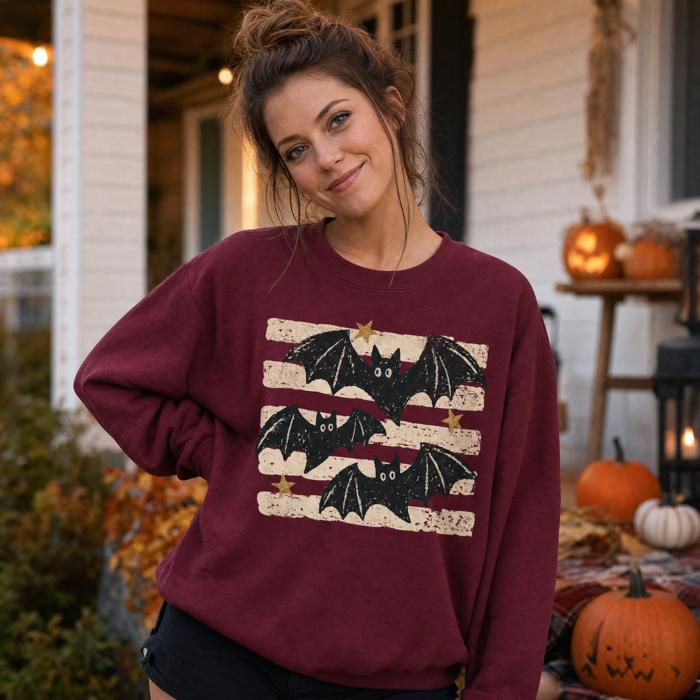 Distressed Bats, Spooky Stars, Halloween Aesthetic, Vintage Grunge Sweatshirt
