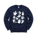 XL Navy Vintage Ghosts Halloween Sweatshirt, Cute Retro Spooky Season