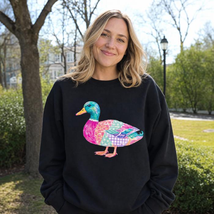Patchwork Duck, Colorful Animal, Playful Watercolor, Vibrant Aesthetic Sweatshirt