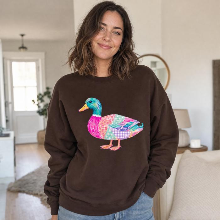 Patchwork Duck, Colorful Animal, Playful Watercolor, Vibrant Aesthetic Sweatshirt