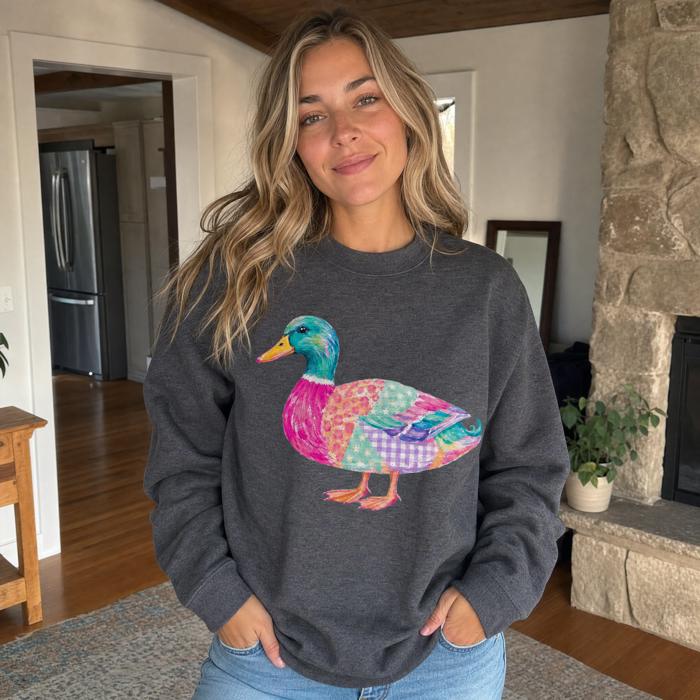 Patchwork Duck, Colorful Animal, Playful Watercolor, Vibrant Aesthetic Sweatshirt
