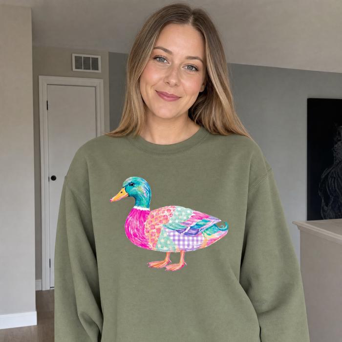 Patchwork Duck, Colorful Animal, Playful Watercolor, Vibrant Aesthetic Sweatshirt