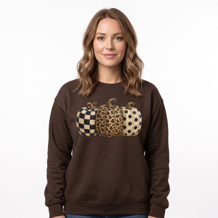 Patterned Pumpkins, Leopard Polka Dot Checkerboard, Fall Halloween Decor Sweatshirt