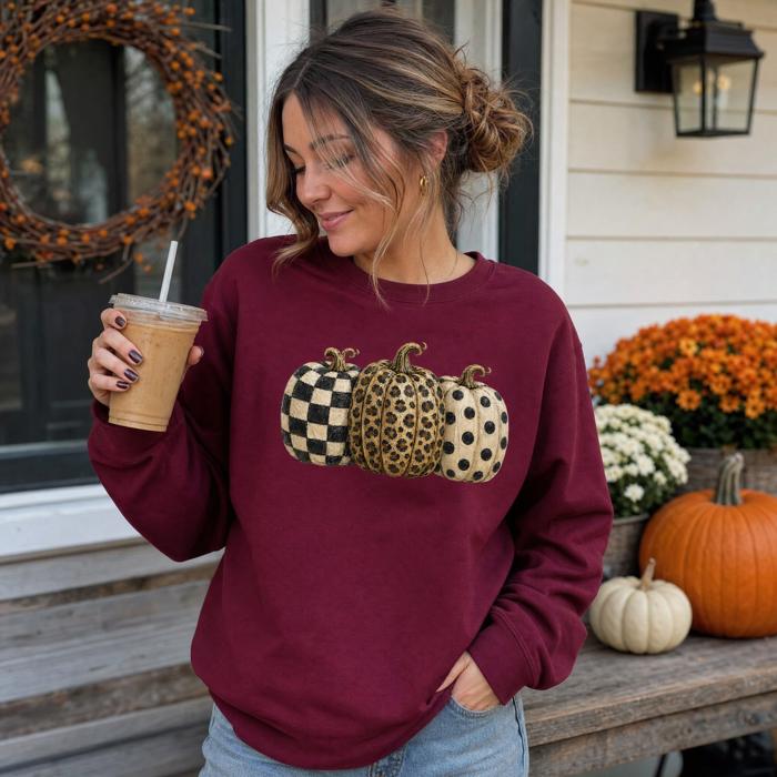 Patterned Pumpkins, Leopard Polka Dot Checkerboard, Fall Halloween Decor Sweatshirt