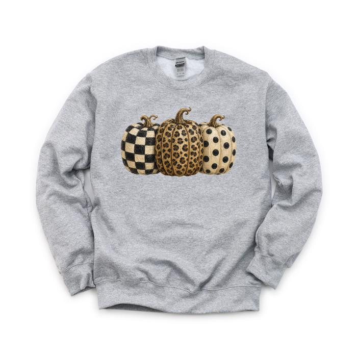 Patterned Pumpkins, Leopard Polka Dot Checkerboard, Fall Halloween Decor Sweatshirt