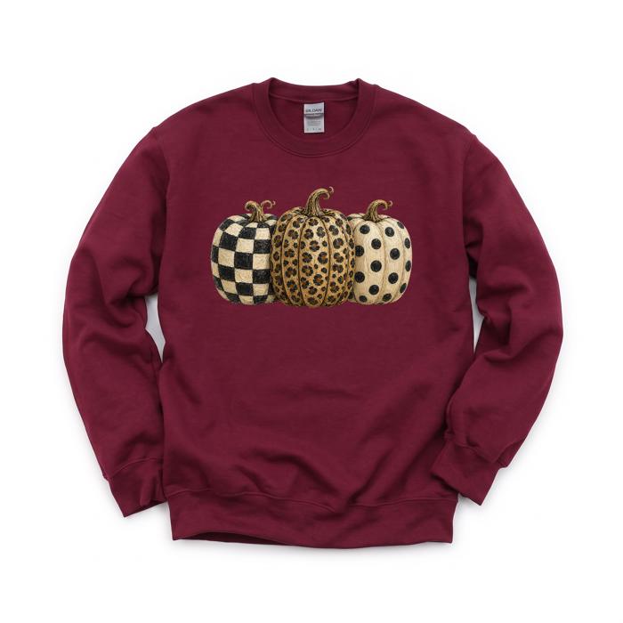 Patterned Pumpkins, Leopard Polka Dot Checkerboard, Fall Halloween Decor Sweatshirt