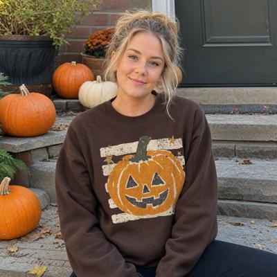 Vintage Jack-o'-lantern Halloween Sweatshirt, Striped Pumpkin, Faux Glitter Stars