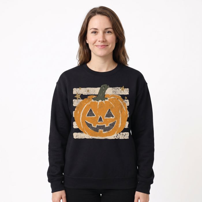 Vintage Jack-o'-lantern Halloween Sweatshirt, Striped Pumpkin, Faux Glitter Stars