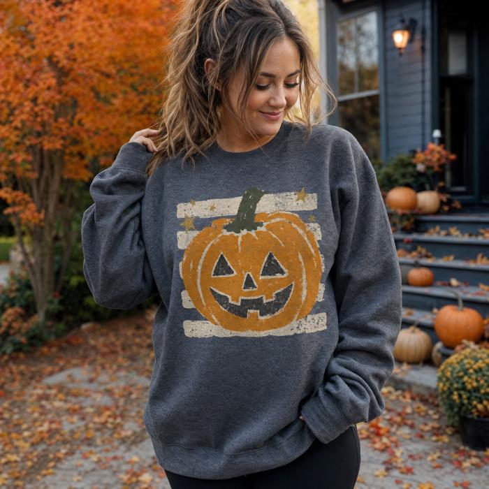 Vintage Jack-o'-lantern Halloween Sweatshirt, Striped Pumpkin, Faux Glitter Stars