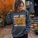  Vintage Jack-o'-lantern Halloween Sweatshirt, Striped Pumpkin, Faux Glitter Stars