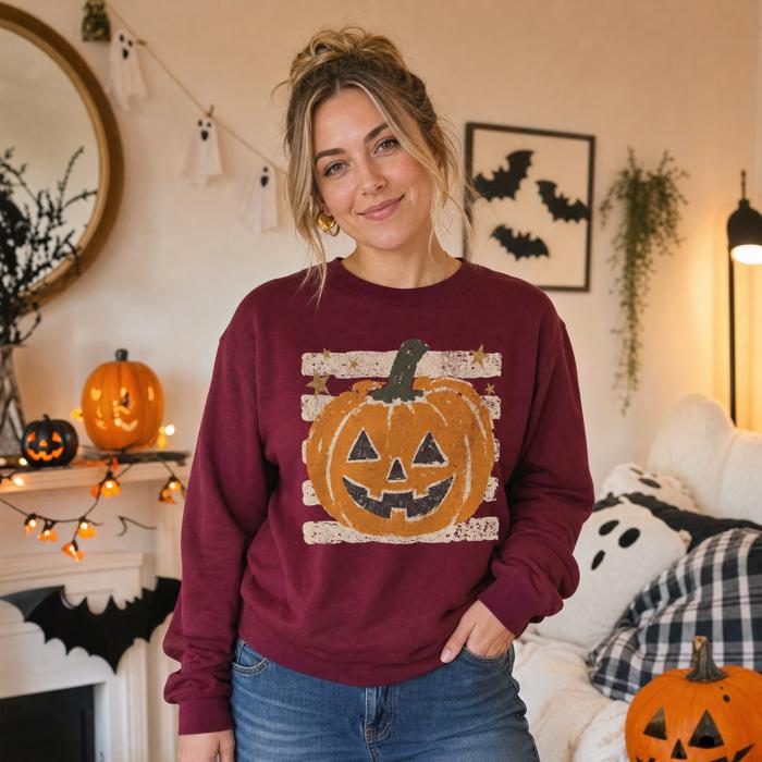 Vintage Jack-o'-lantern Halloween Sweatshirt, Striped Pumpkin, Faux Glitter Stars