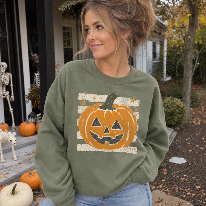 Vintage Jack-o'-lantern Halloween Sweatshirt, Striped Pumpkin, Faux Glitter Stars