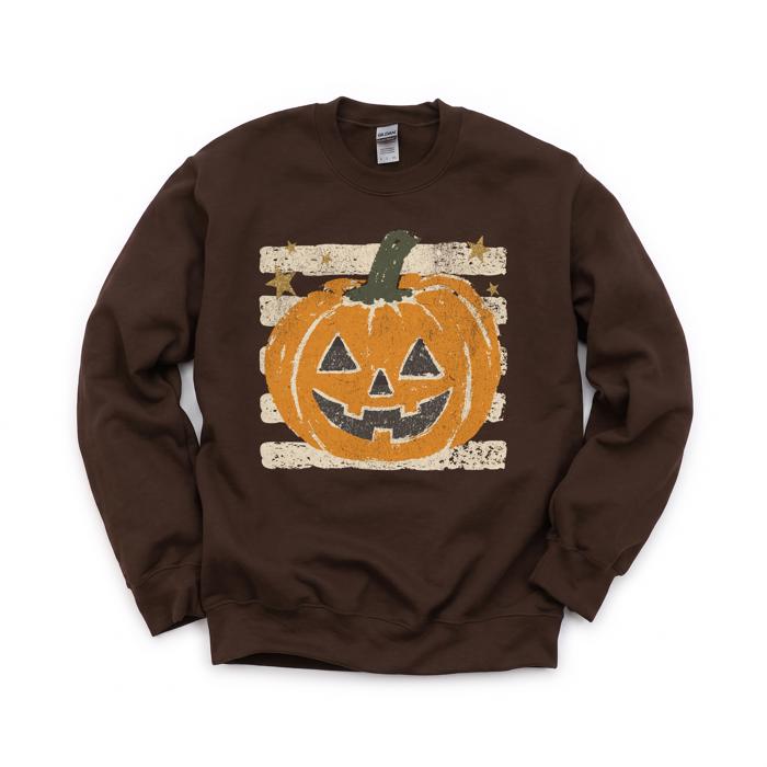 Vintage Jack-o'-lantern Halloween Sweatshirt, Striped Pumpkin, Faux Glitter Stars