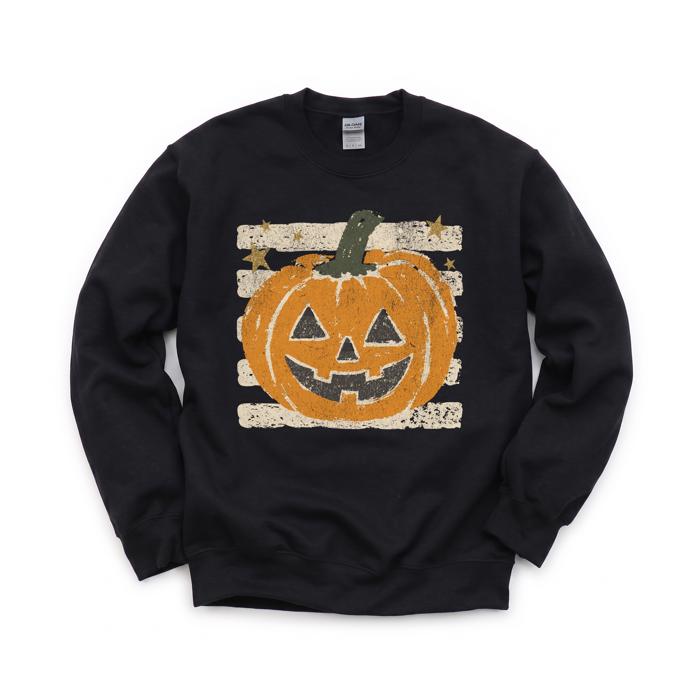 Vintage Jack-o'-lantern Halloween Sweatshirt, Striped Pumpkin, Faux Glitter Stars