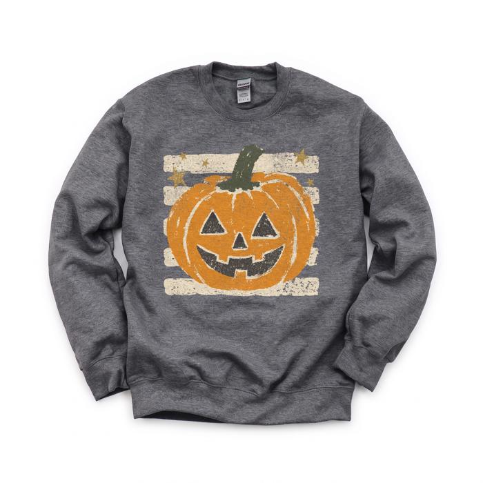 Vintage Jack-o'-lantern Halloween Sweatshirt, Striped Pumpkin, Faux Glitter Stars