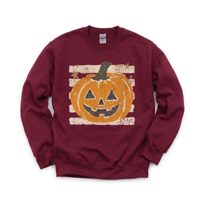 Vintage Jack-o'-lantern Halloween Sweatshirt, Striped Pumpkin, Faux Glitter Stars