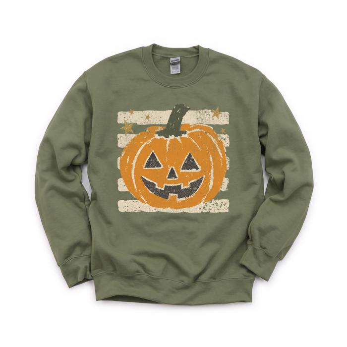 Vintage Jack-o'-lantern Halloween Sweatshirt, Striped Pumpkin, Faux Glitter Stars