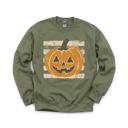 Small Military Green Vintage Jack-o'-lantern Halloween Sweatshirt, Striped Pumpkin, Faux Glitter Stars