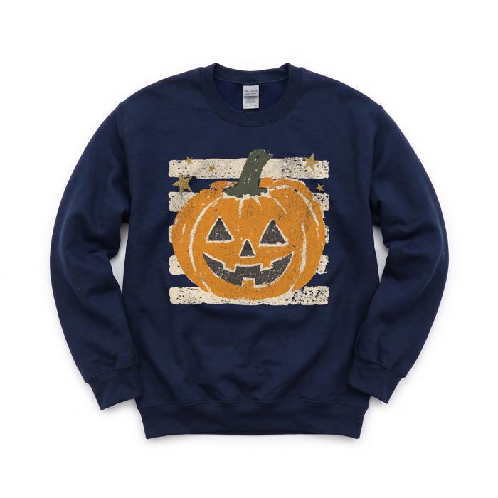 Vintage Jack-o'-lantern Halloween Sweatshirt, Striped Pumpkin, Faux Glitter Stars