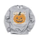 Small Heather Sport Gray Vintage Jack-o'-lantern Halloween Sweatshirt, Striped Pumpkin, Faux Glitter Stars