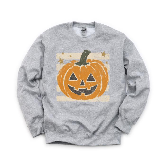 Vintage Jack-o'-lantern Halloween Sweatshirt, Striped Pumpkin, Faux Glitter Stars