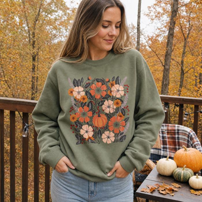 Pumpkin Patch Blooms, Autumn Floral, Harvest Season, Cozy Fall Vibes Sweatshirt