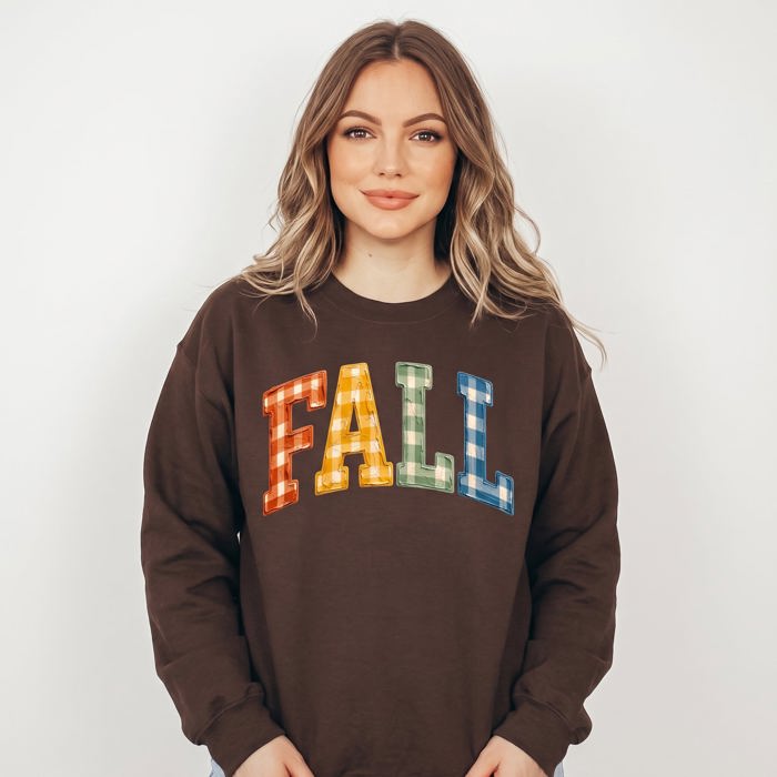 Gingham Fall Letters, Textured Plaid, Autumn Season, Rustic Farmhouse Vibe Sweatshirt