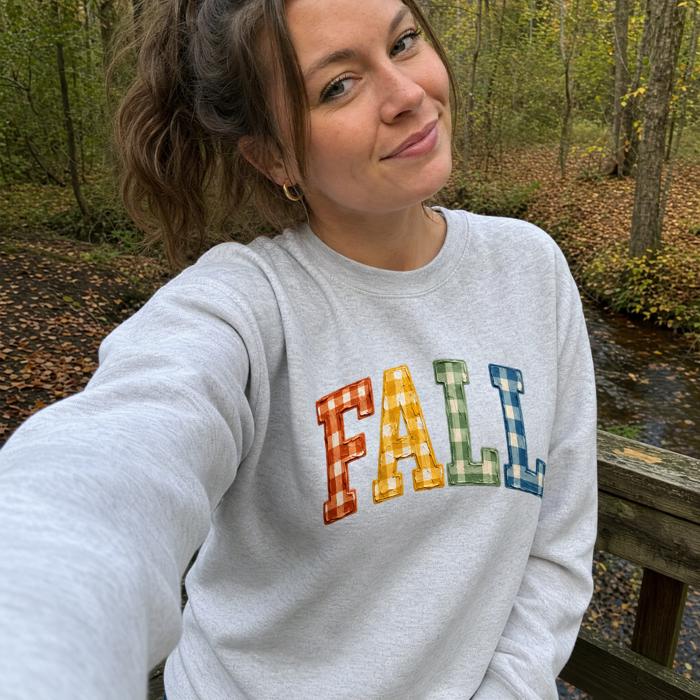 Gingham Fall Letters, Textured Plaid, Autumn Season, Rustic Farmhouse Vibe Sweatshirt