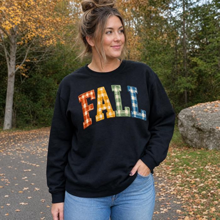 Gingham Fall Letters, Textured Plaid, Autumn Season, Rustic Farmhouse Vibe Sweatshirt