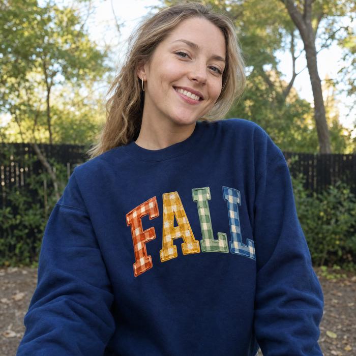 Gingham Fall Letters, Textured Plaid, Autumn Season, Rustic Farmhouse Vibe Sweatshirt