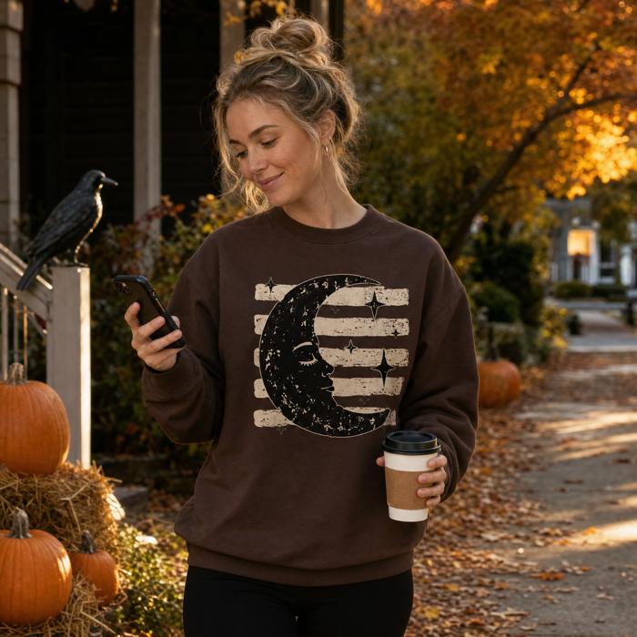 Vintage Crescent Moon, Sleeping Face, Vintage Stars, Halloween Sweatshirt